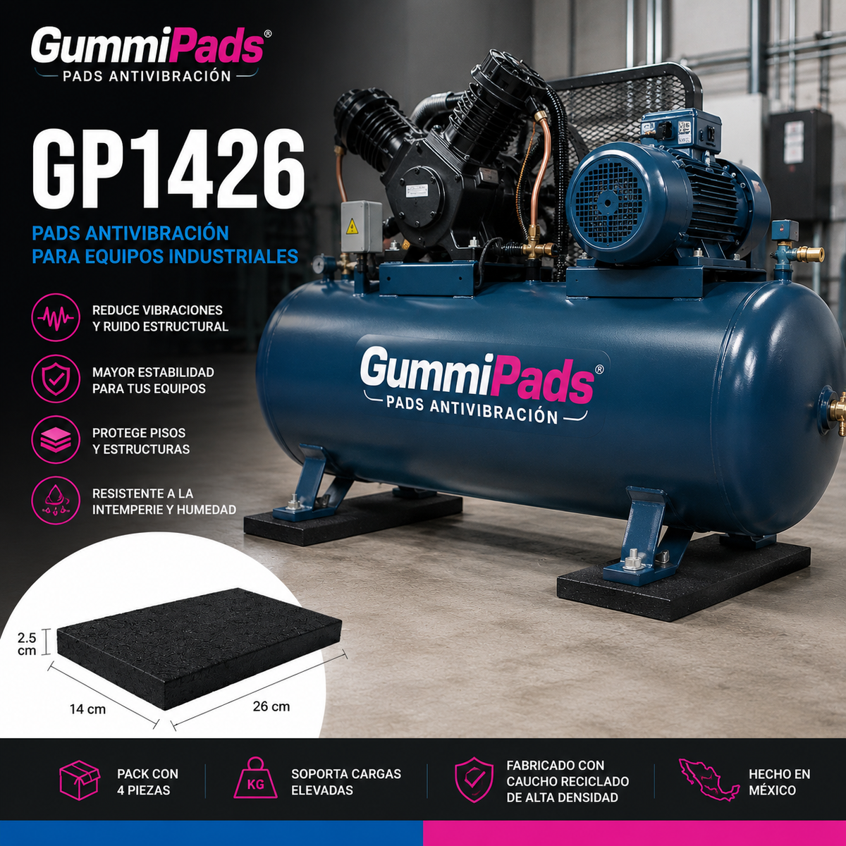 GummiPads GP1426 | Pads Antivibración para Compresores, Plantas Eléctricas y Maquinaria Industrial
